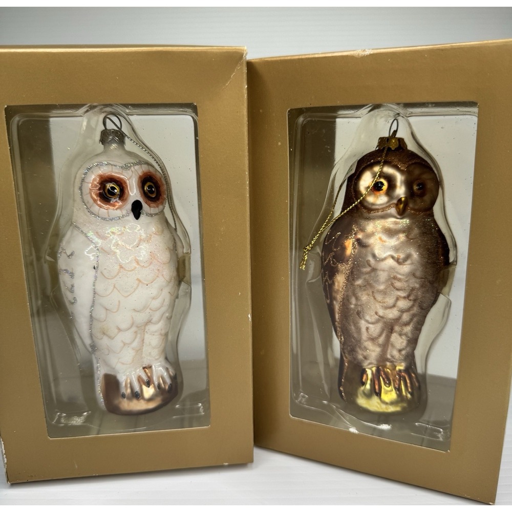 Set of 2 Glass Owl Christmas Ornaments White Brown Glitter 4" Boxed